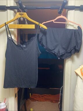 Black Pinstripe Lace Trim Cami & Shorts Set